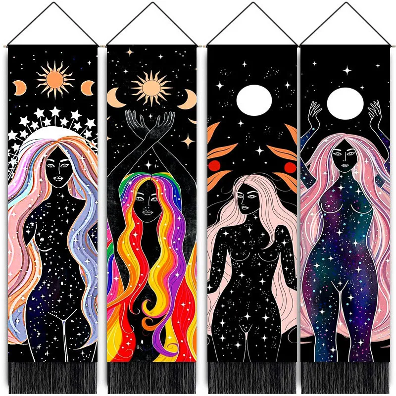 

Bohemian Moon Rainbow Girl Tassels Scroll Hanging Painting Multicolor Girl Tapestry Painting for Living Room Decoration