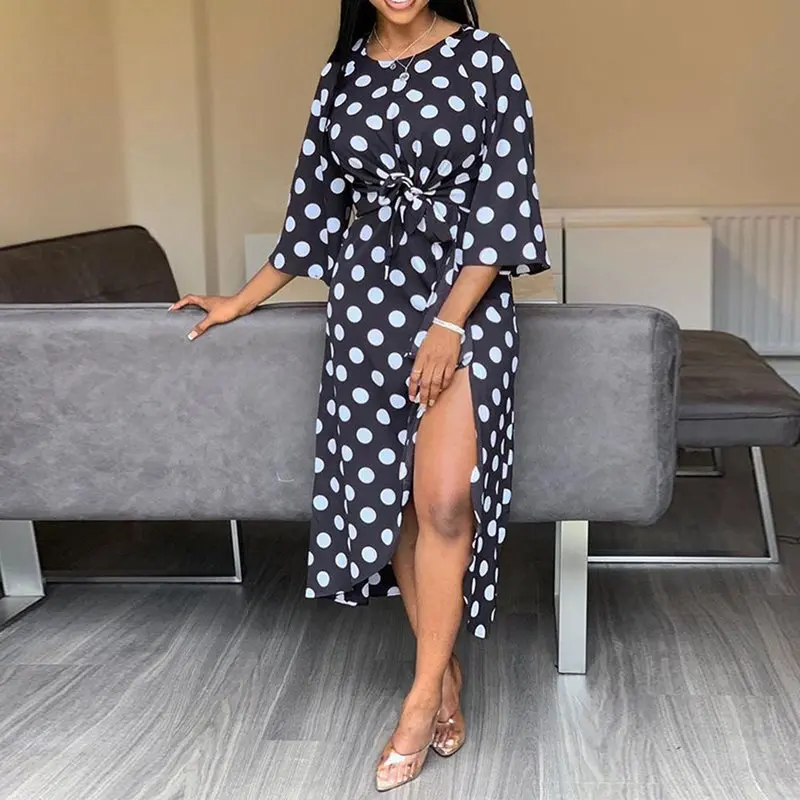 Африканское сексуальное асимметричное винтажное платье в горошек средней длины