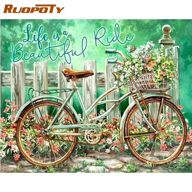 

RUOPOTY Oil Paint By Number 60x75cm Frame Bike And Flower Picture By Number Hand Painted Unique Gift Modern Home Wall Artwork