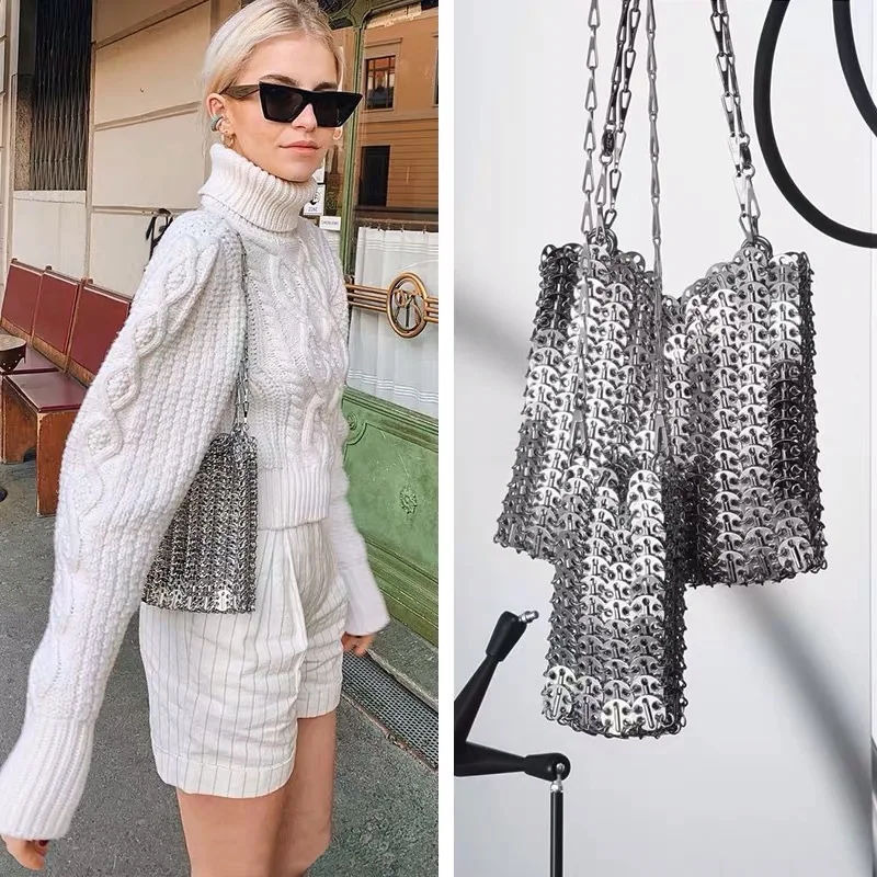 Luxury Designer Women Bags Pure Metal Sequins Chain Woven Bag Hollow Evening Clutch Female Travel Holiday Shoulder | Багаж и сумки