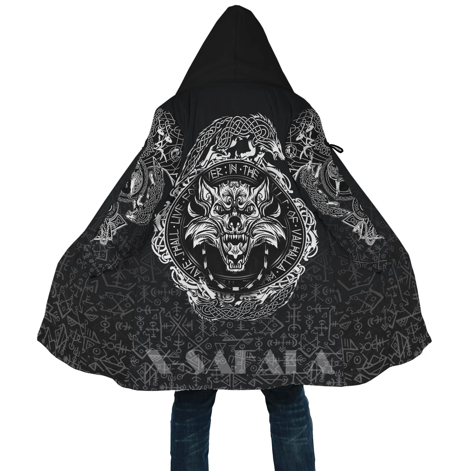 

Viking Style Fenrir and Skoll Hati 3D Printed Duffle Coat Overcoat Thick Warm Hooded Cloak Coat for MenTopcoat Windproof