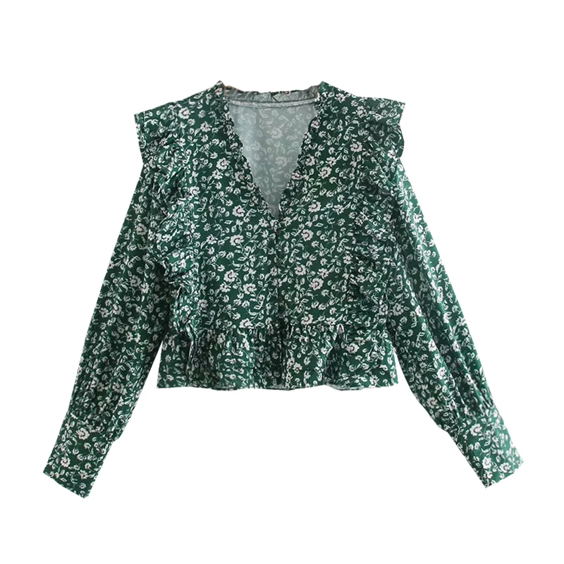 

2021 женский кроп топы с длинными рукавами и оборками с цветочным принтом элегантные блузки 2021 весенние женские короткие сексуальное нижнее ...