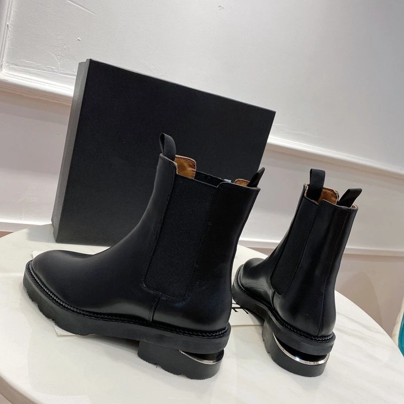 

Cuts Off heels Women Ankle Boots Mixed Color Genuine Leather Woemn Chelsea Boots Ruwnay Slip On Autumn Winter Combat Boots Women