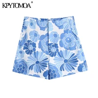 kpytomoa women 2021 chic fashion side pockets floral print bermuda shorts vintage high waist zipper fly female short pants mujer