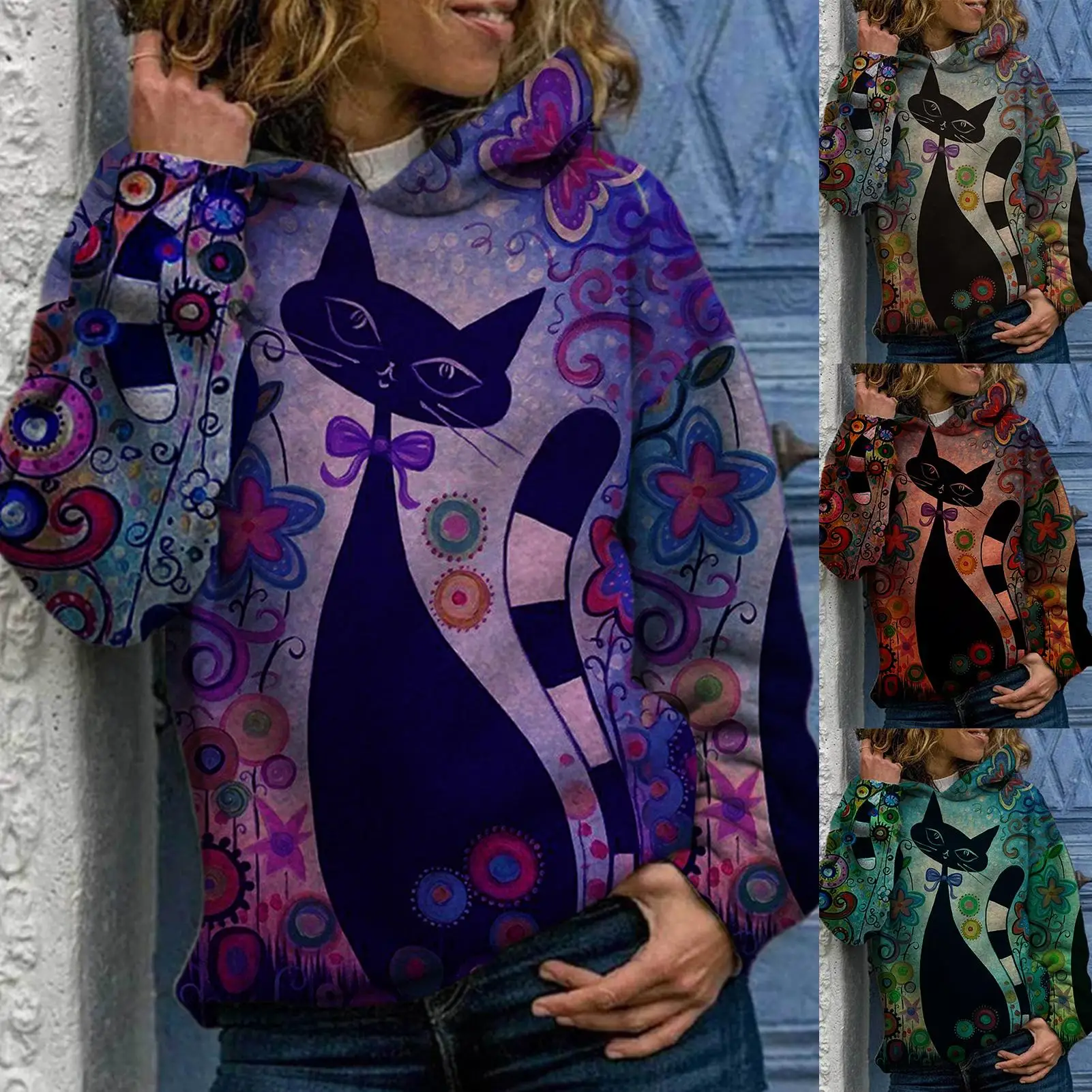 

Women Autumn Winter Digital Cats Print Hoodie Long Sleeve Sweatshirt Pullover