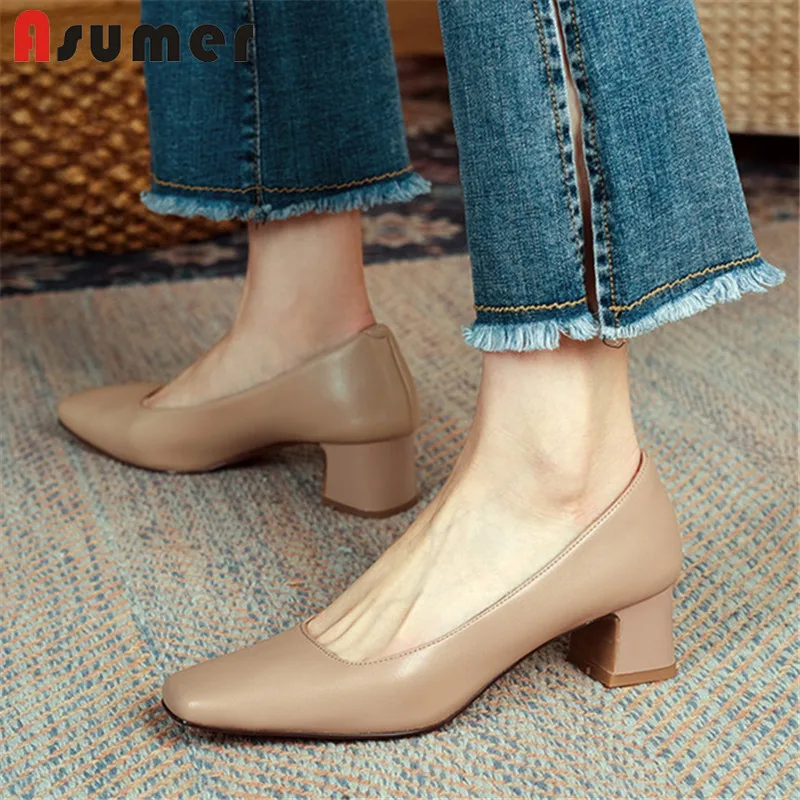 

Туфли Asumer женские из натуральной кожи, квадратный носок, без застежки, Классические офисные классические туфли-лодочки, высокий каблук, одн...