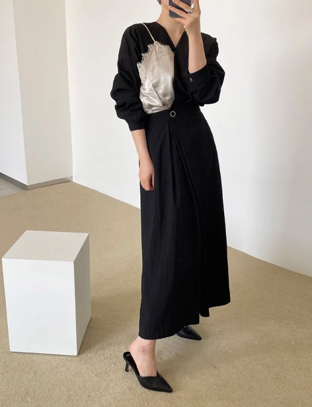 

Korejpaa Women Dress 2021 Spring and Summer Chic V Collar Sexy Lace Lace Sling Stitched Office Woman Dress Long Skirt Female