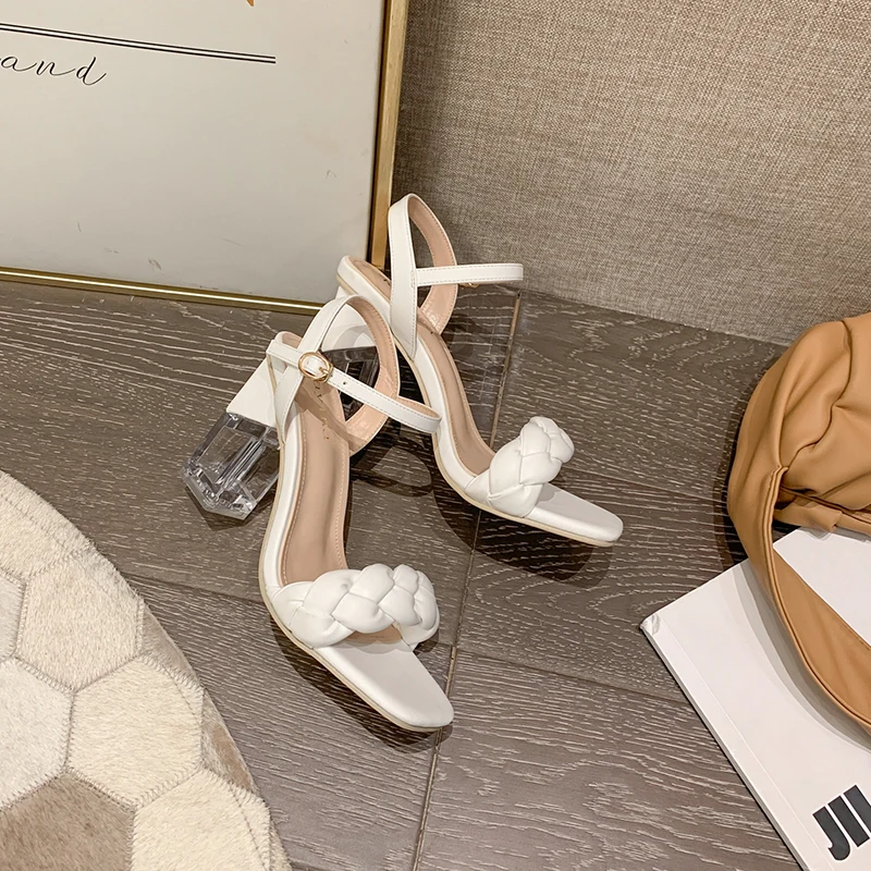 

Crystal Square Heel High Heel Women's Sandals 2021 Open Toe One Word With Buckle Sandals Solid Color Twist Braided Women's Shoes