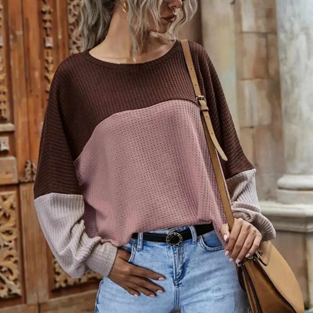 

Comfy Women Blouse Color Block Waffle Autumn Round Neck Long Sleeve T-shirt Streetwear for Daily Wear топик женский