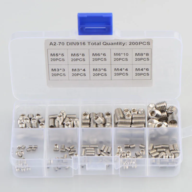 

200Pcs/set M3 M4 M5 M6 M8 DIN916 304 Stainless Steel Grub Screw Flat Point Hexagon Socket Assortment Kit Headless Screws Set