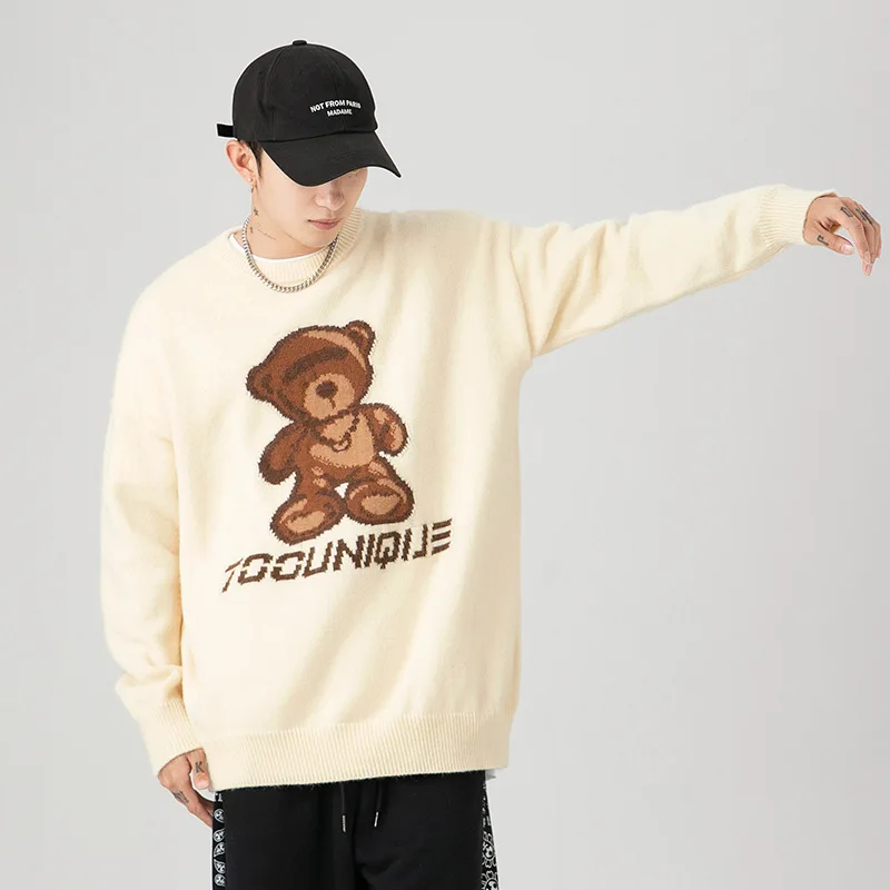 

Men's sweater 2021 autumn winter new inlaid bear sweater men's fashion retro versatile round neck sweater