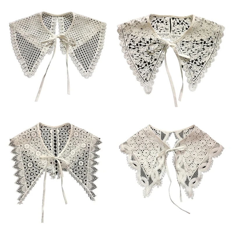

P8DB Women Girl Lace-Up Detachable False Collar Dickey Sweet Hollow Out Floral Lace Shawl Scarf Embroidery Geometric Circle Half