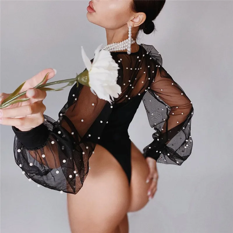 

New Fashion Women Sexy Bodysuits Solid Sheer Mesh Pearl Leotard O Neck Long Sleeve One-Piece Bodysuits Clubwear Nightwear