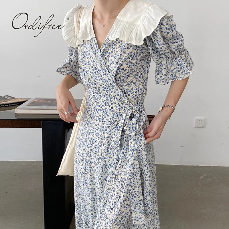 

Женское винтажное платье-туника Ordifree, длинный сарафан с цветочным принтом и коротким рукавом, платье-макси с поясом в стиле ретро, лето 2022