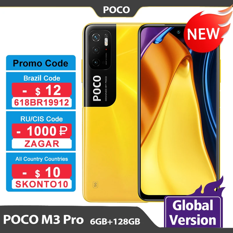 Глобальная версия POCO M3 Pro 6 ГБ 128 мобильного телефона Dimensity 700 90 Гц 5 &quotDotDisplay NFC 48MP