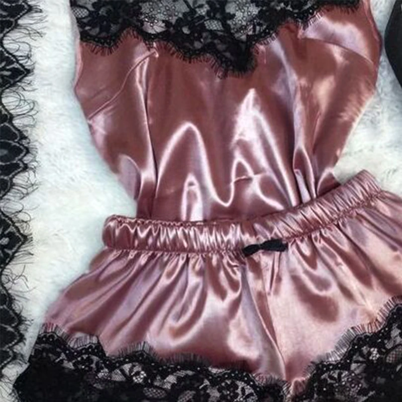 Women Summer Pajama Set Sexy Sleeveless Adjustable Straps Tops And Soft Sleep Shorts Comfortable Lace Satin Silk Sleepwear | Женская