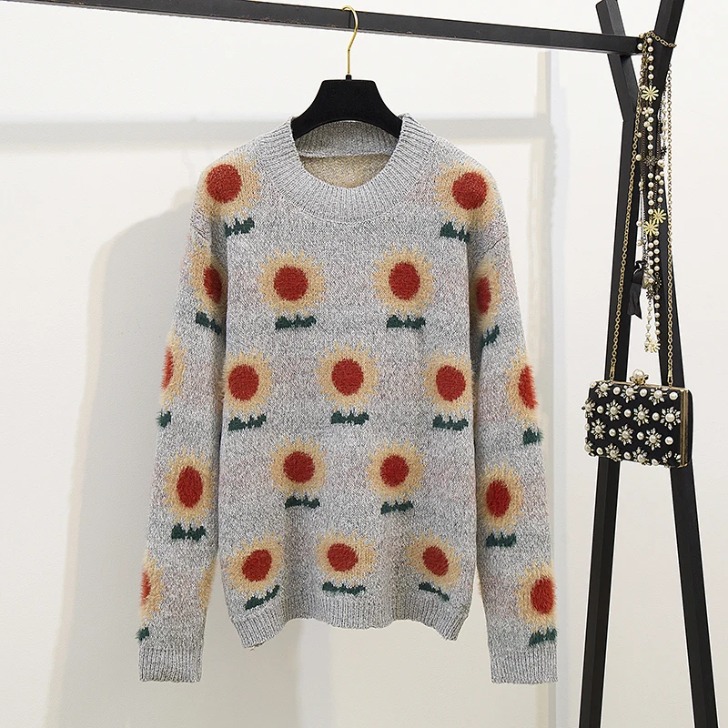 New Autumn Winter Sun Flower Sweater Womens Casual O-Neck Long Sleeve Fashion Pullover Tops Female Korean Cute jumpers 2021 | Женская