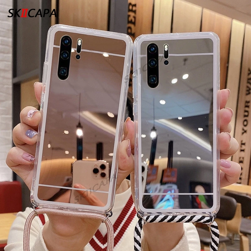 Чехол-накладка для Huawei P30 Pro P20 Plus с ремешком и цепочкой через плечо зеркальный P10 P8