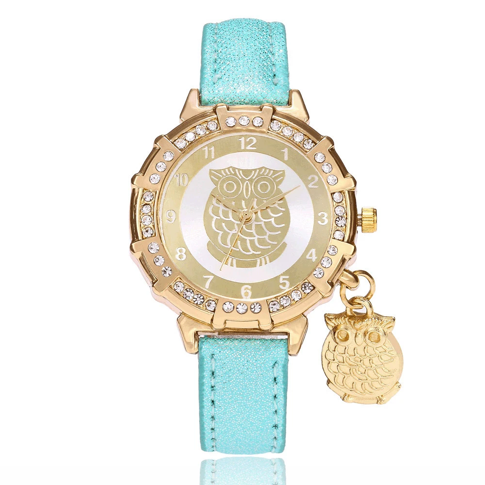 

New Women Girl Quartz Wristwatches Fashion Owl Pendant Rhinestone Watch 8 Colors Leather Strap Wrist Watch Leisure Clock