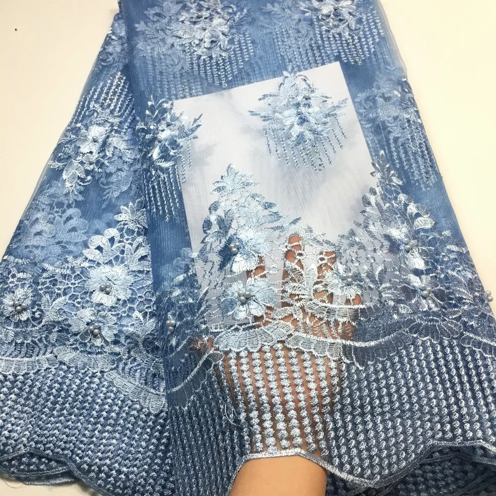 

Sky Blue African Lace Fabric 2021 High Quality Lace French Mesh Fabric Beaded Stones Nigerian Swiss Lace Fabrics For Dress M3159