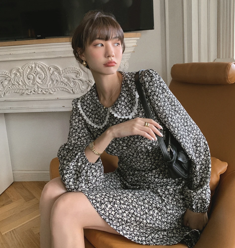 

Vintage French Elegant Floral Dress for Women 2021 Fashion Clothing Ladies Long Sleeve All-match Dresses Womens Formal Dresses