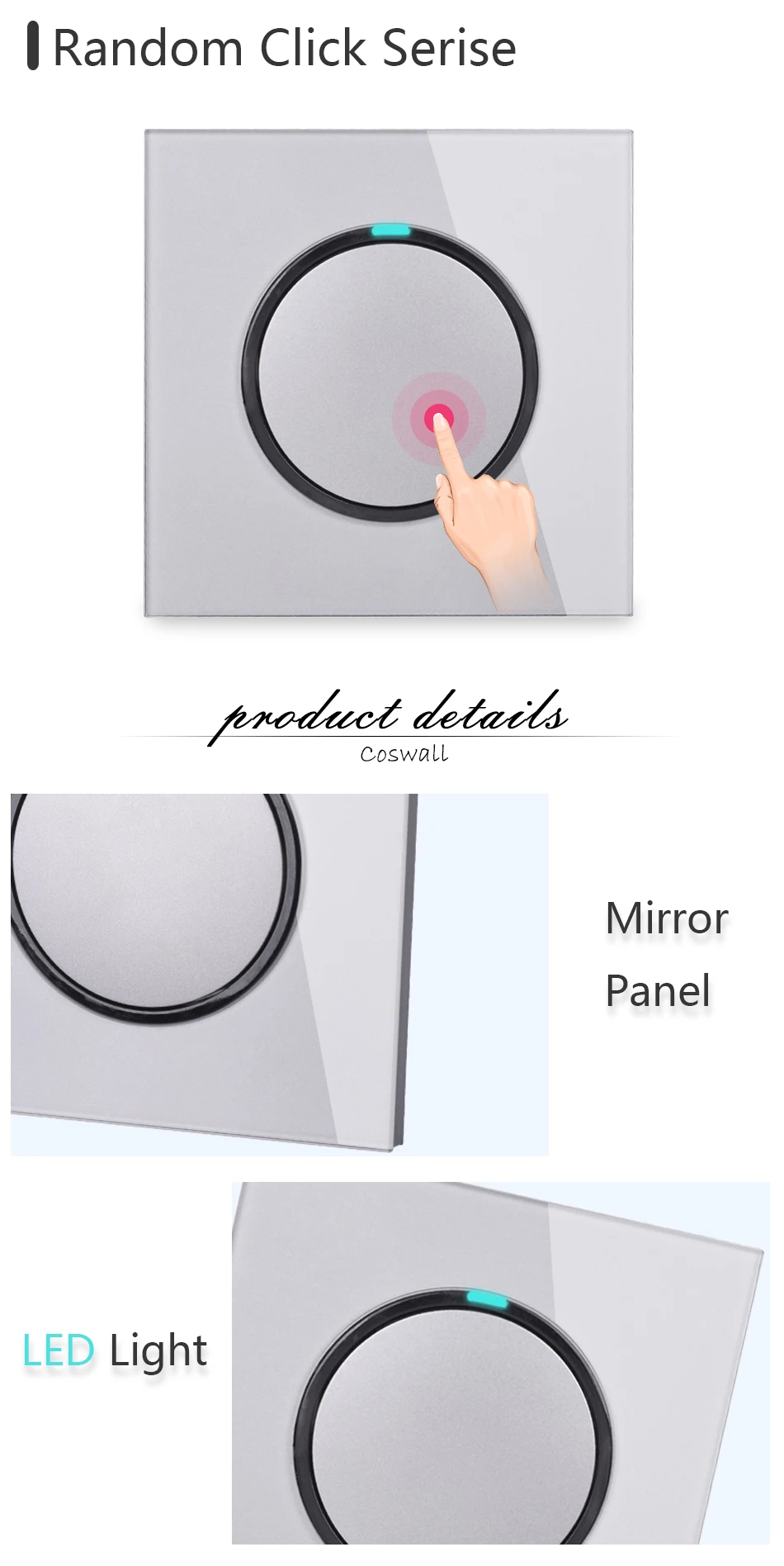 Coswall Gray Grey Crystal Tempered Glass Panel 4 Gang EU Standard Wall Socket Grounded With Child Protective Lock R11 Series