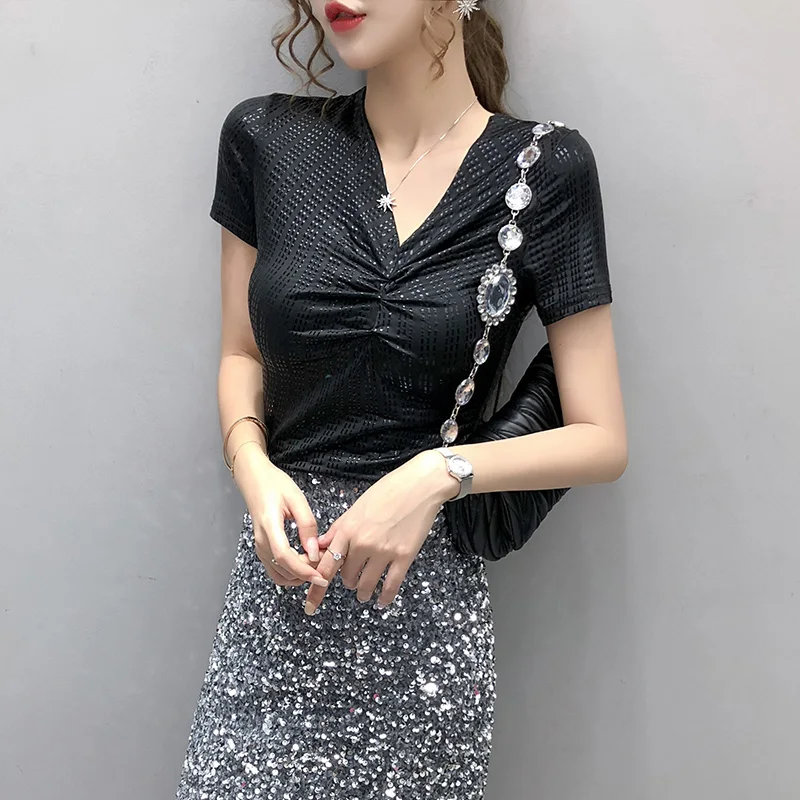 

Summer European clothing cotton sexy T-shirt V-neck splicing bright women's T-shirt 2021