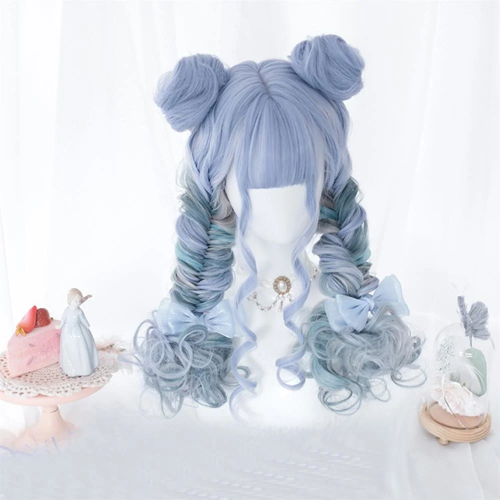 

Термостойкий синтетический парик для косплея микс 3 стилей синяя Лолита Омбре длинные/Короткие вьющиеся короткие булочки челки для рождест...