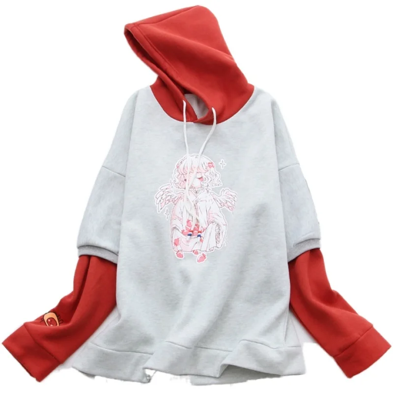Женская толстовка с капюшоном серо-Красная составного кроя мультяшным принтом