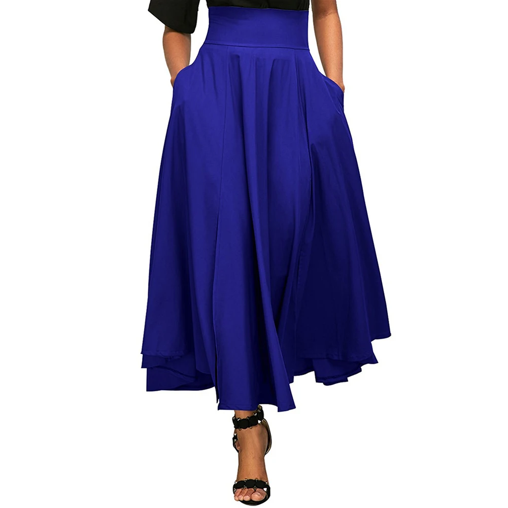 

New Fashion Women Solid Color High Waist Plicated Skirts Side Slit Belt Pockets Retro Bust Skirt Long Skirt