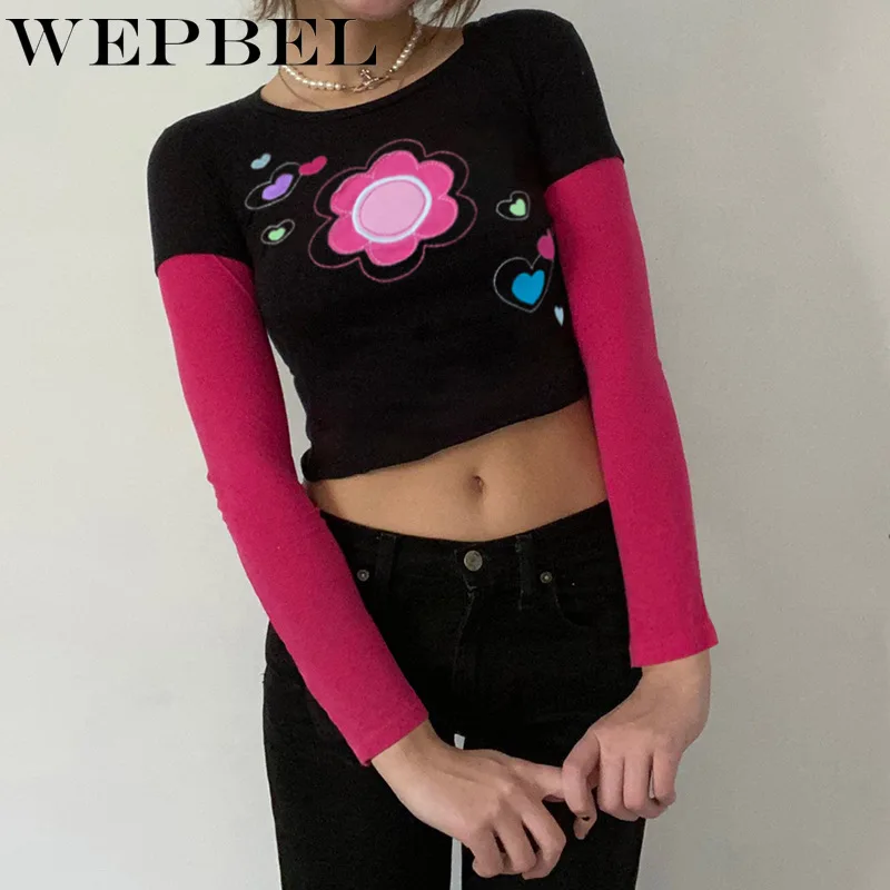 

WEPBEL Women Elegant Floral Print Patchwork Fake Two Piece Shirt Crop Top Ladies Fashion Long Sleeve Slim Fit Bottoming T-shirt