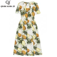 qian han zi fashion 100 cotton summer dress 2021 women elegant pineapple print casual holiday bow backless dress
