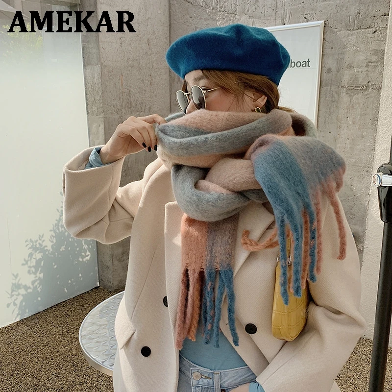 

2021 Winter Cashmere Plaid Tassels Shawl Love Thick Braid Rainbow Plaid Color Matching Scarf women