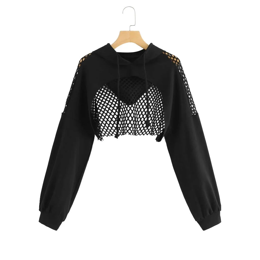 38 # Женская однотонная укороченная толстовка с вырезом и сетчатой вставкой