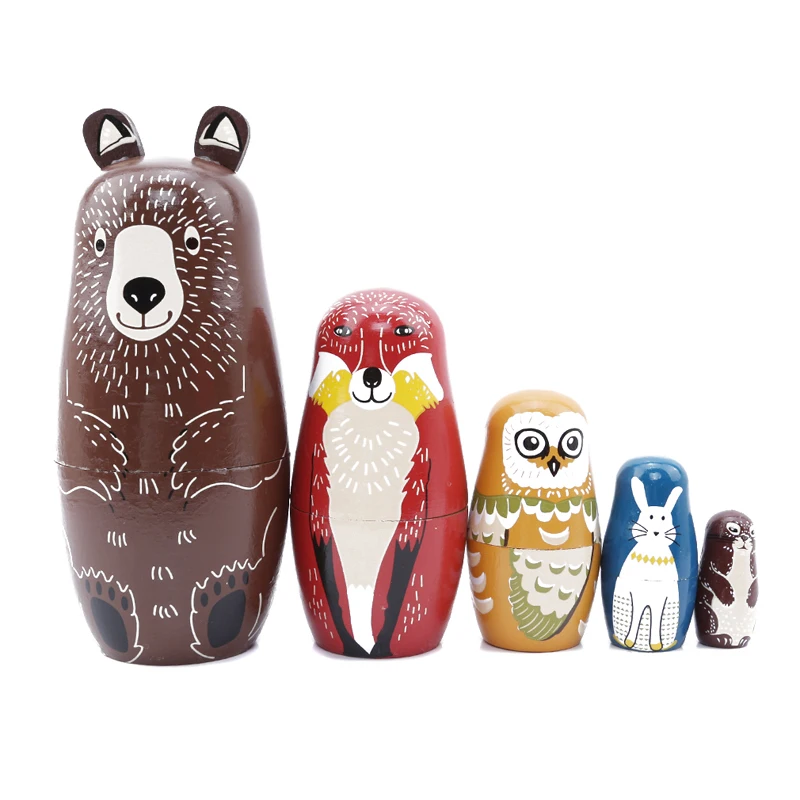 

5Pcs/Set New Cute Animal Russian Dolls Wooden Bear Owl Rabbit Pattern Fun Matryoshka Dolls Baby Story Accessory Doll Toys