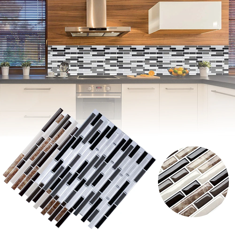 

28.5cm/11.2in3D Tile Brick Stripe Wallpaper Sticker Bathroom Self Adhesive Wall Paper Waterproof Wallpaper Backsplash Decor