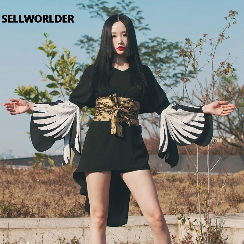 

2021 Woman Japanese Kimono Style Wing sleeves Irregular V neck Loose dress