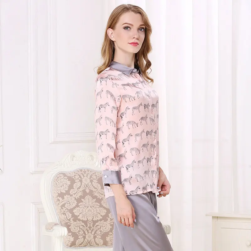 T8121 pink Модные брендовые пижамы из натурального шелка, женские белые пижамы с принтом, женские пижамы из чистого шелка с длинными рукавами, пижамные штаны, комплекты из двух предметов T8007 - Цвет: T8121 pink