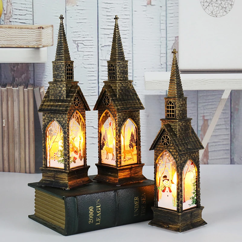 

Vintage Portable Led Light With Christmas Elements Pattern Pvc Shade Battery Powered Lantern Innovative Christmas Decoration