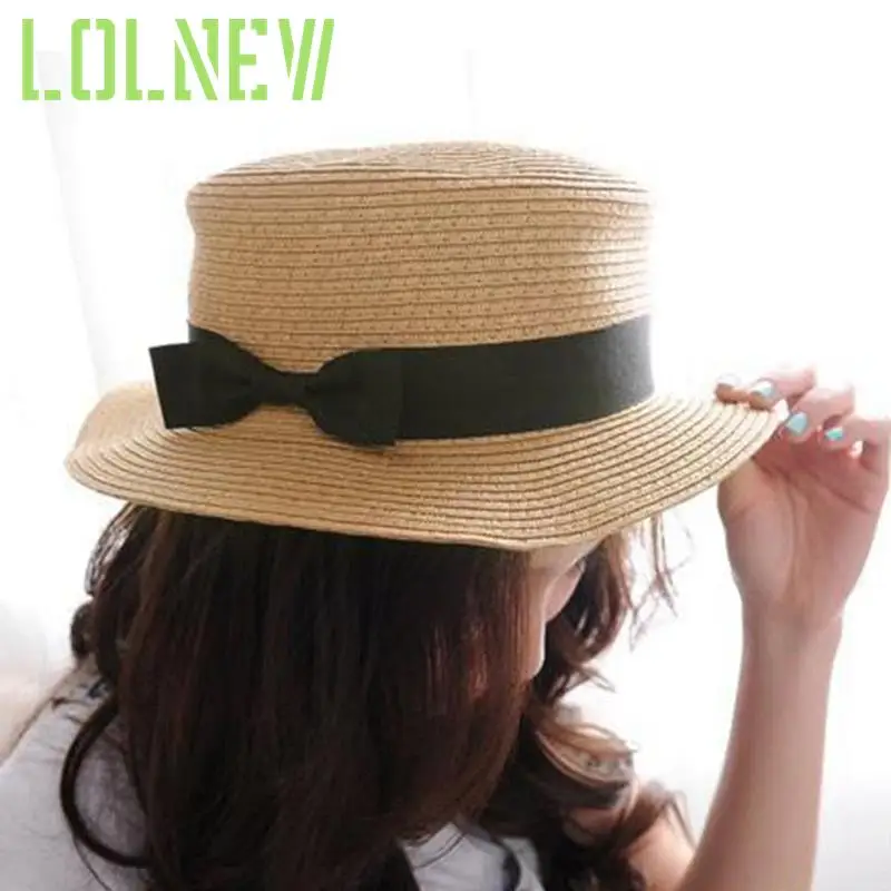 

2020 Summer Vocation Hats for Women Sun caps Ribbon Round Flat Top Beach Hat Panama Hat Sweet Bow Flat Straw Hats Anti UV