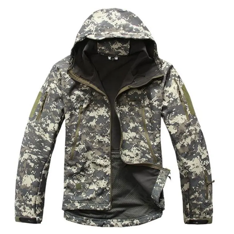 ACU Camo Sharkskin софтшелл Куртки флис с капюшоном Камуфляж Топы корректирующие зима Охота Военная Униформа Снайпер одежда Ghillie костюм - Color: ACU Camo