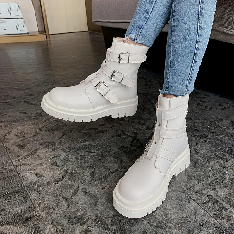 

MORAZORA 2020 New fashion women boots genuine leather boots thick heels square toe buckle winter ankle boots ladies shoes