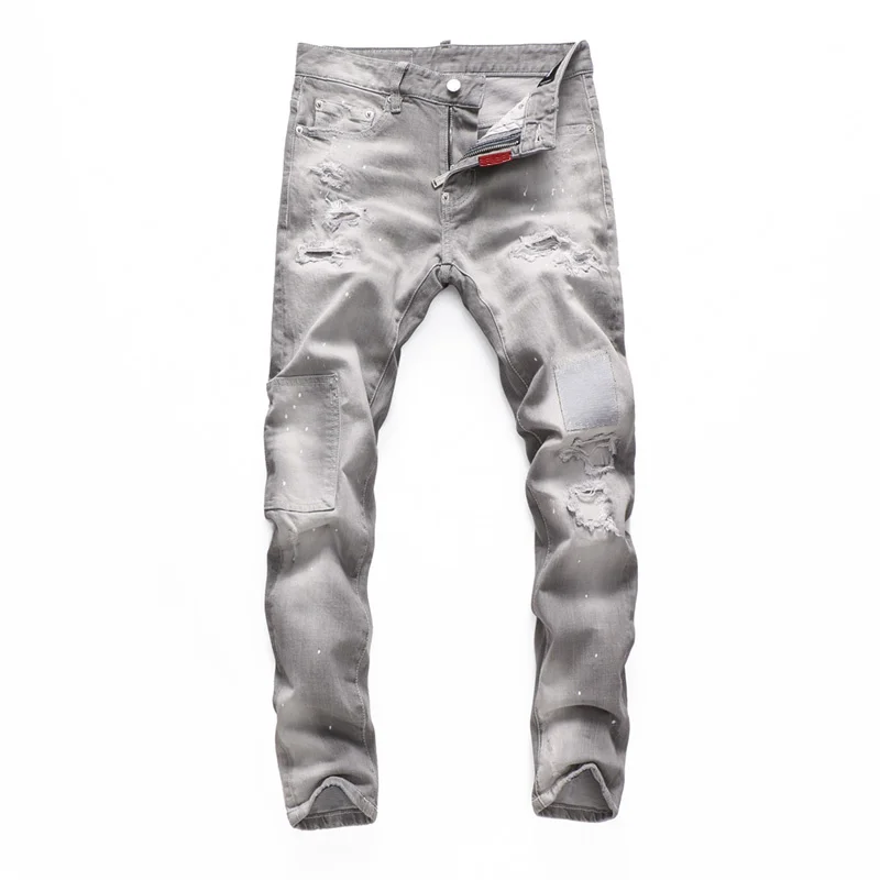

European dsq2 brand men Italy jeans pants design white D2 jeans Men Slim jeans denim trousers grey hole Pants jeans for men 8291