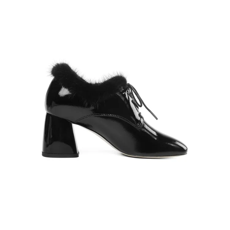 

MLJUESE 2020 women pumps Cow leather winter short plush square toe black color lace up high heels party dress size 34-43