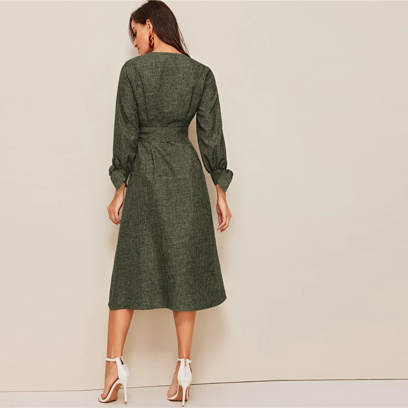 SHEIN летнее платье с v-образным вырезом на пуговицах и манжетах спереди, элегантное платье трапециевидной формы с бантом и высокой талией, коллекция года, весна-осень