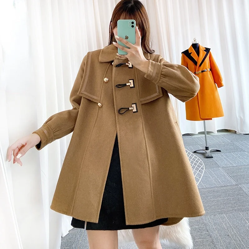 

Женское двухстороннее шерстяное твидовое пальто, однотонный топ с отложным воротником и длинным рукавом, Осень-зима 2021