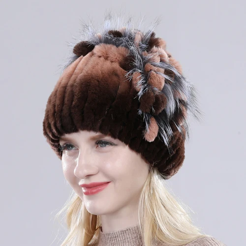 color 3 Брендовые женские шапки из меха кролика Рекс, зимние шапки из меха кролика Рекс, вязаные шапки в полоску с цветком из лисьего меха - Цвет: color 3