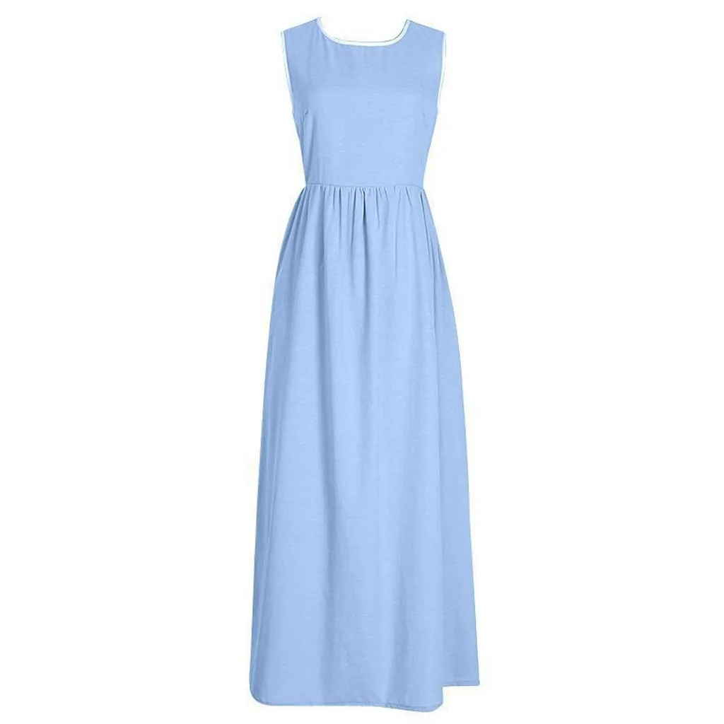 Женское платье макси с высокой талией однотонное длинное круглым вырезом Vestidos