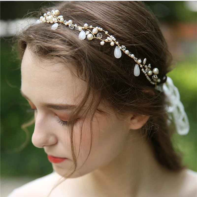 Украшения для волос ручной работы повязка на голову с жемчугом и кристаллами