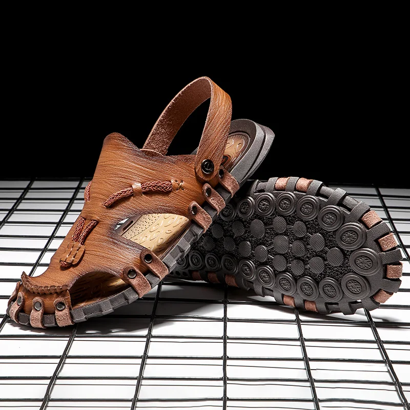 Cheap Summer Handmade Shoes Leather Men Sandals Casual Slip On Flat Mens Sandals Non slip Outdoor Beach Slippers Men Sandles